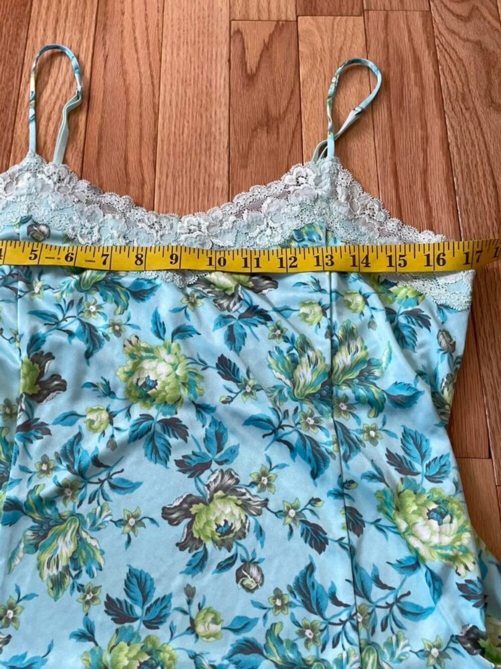 Vintage Blue Floral Silky Satin Lace Trim Cami Top Large Coquette Babydoll - Picture 5 of 8